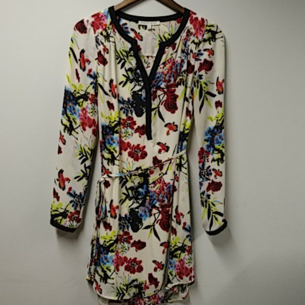Floral bird print long sleeve dress